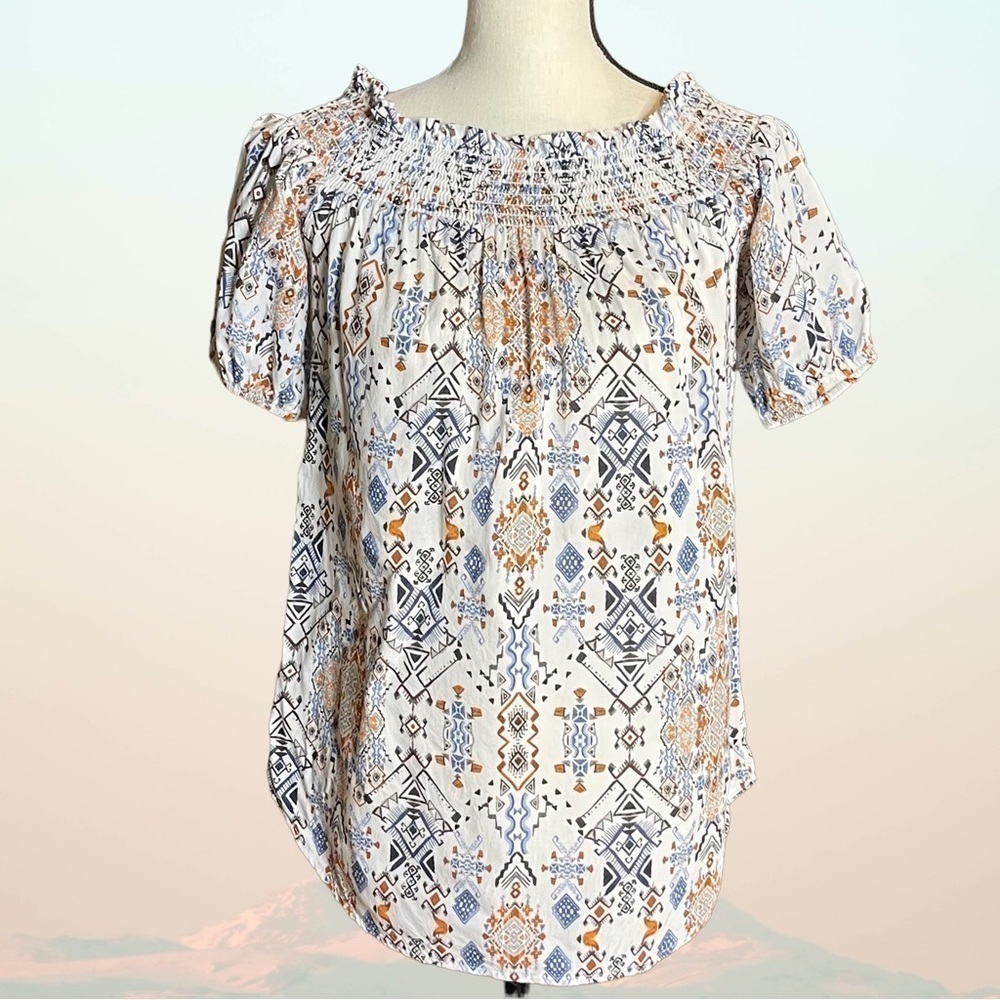 Karen Kane Southwest Pattern Ruched Neckline Puff Sleeve Top Size Small